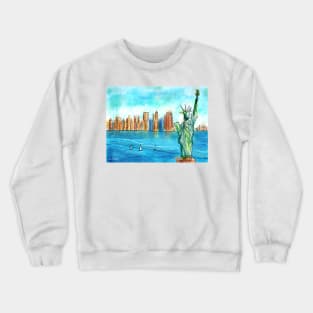 Colorful Urban Sketch of The Statue of Liberty the Bay and the Buildings Crewneck Sweatshirt